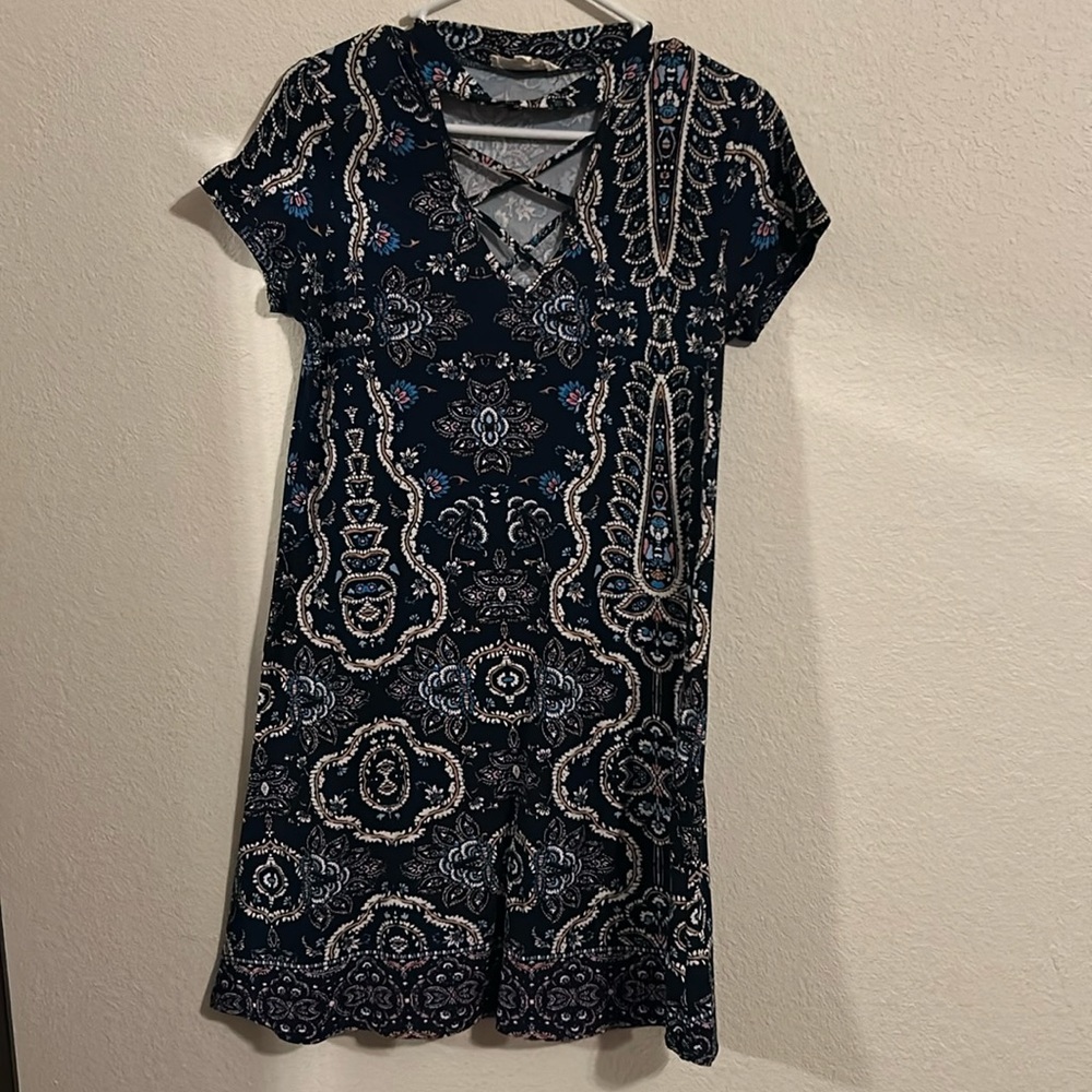 Dark blue with blue, white and pink flower designs dress